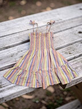 KIDGETS Pastel Yellow-Purple-Pink Striped Smocked Sundress. Size 4T.